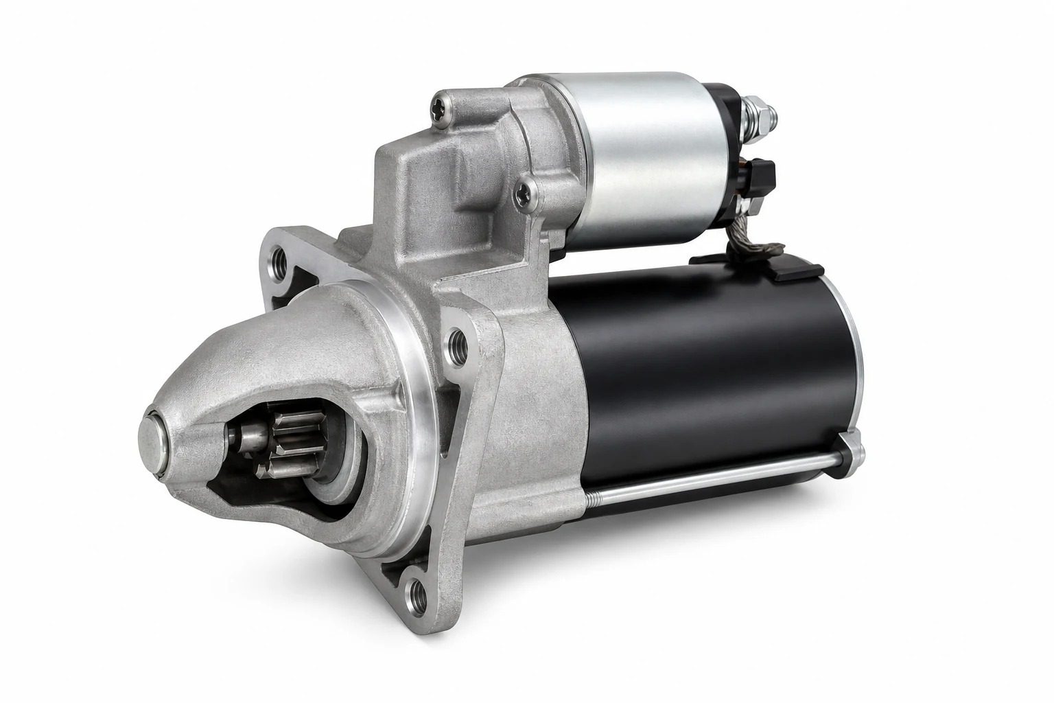 Unbranded automotive starter motor on a white background